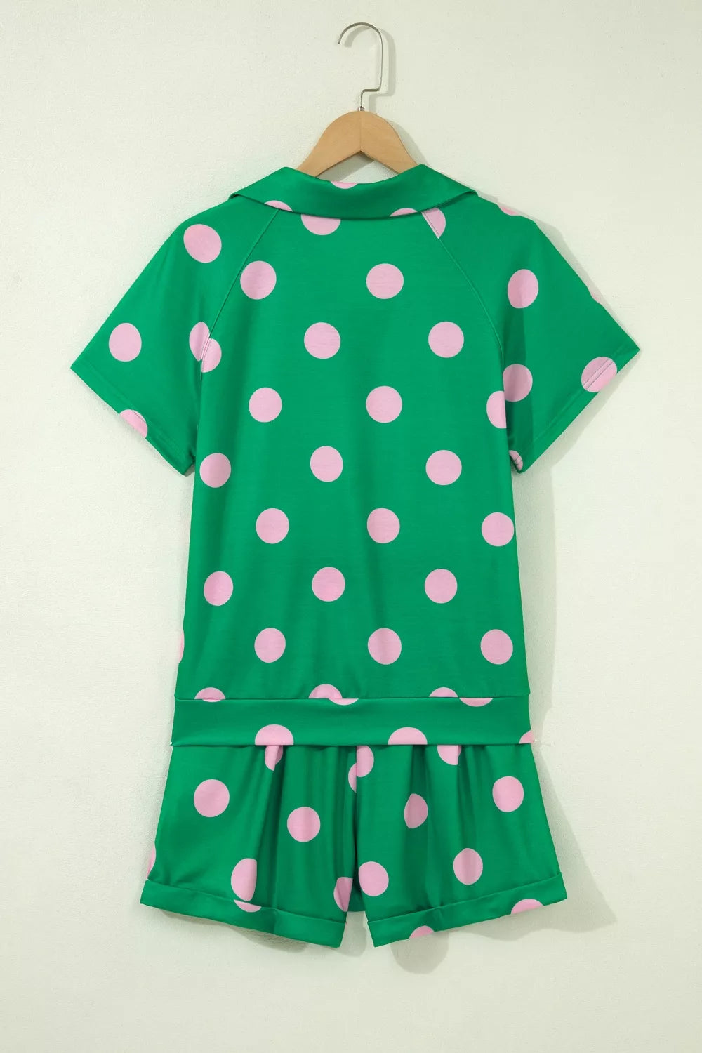 Polka Dot Print V-Neck Tee Shorts Set in Green for Women