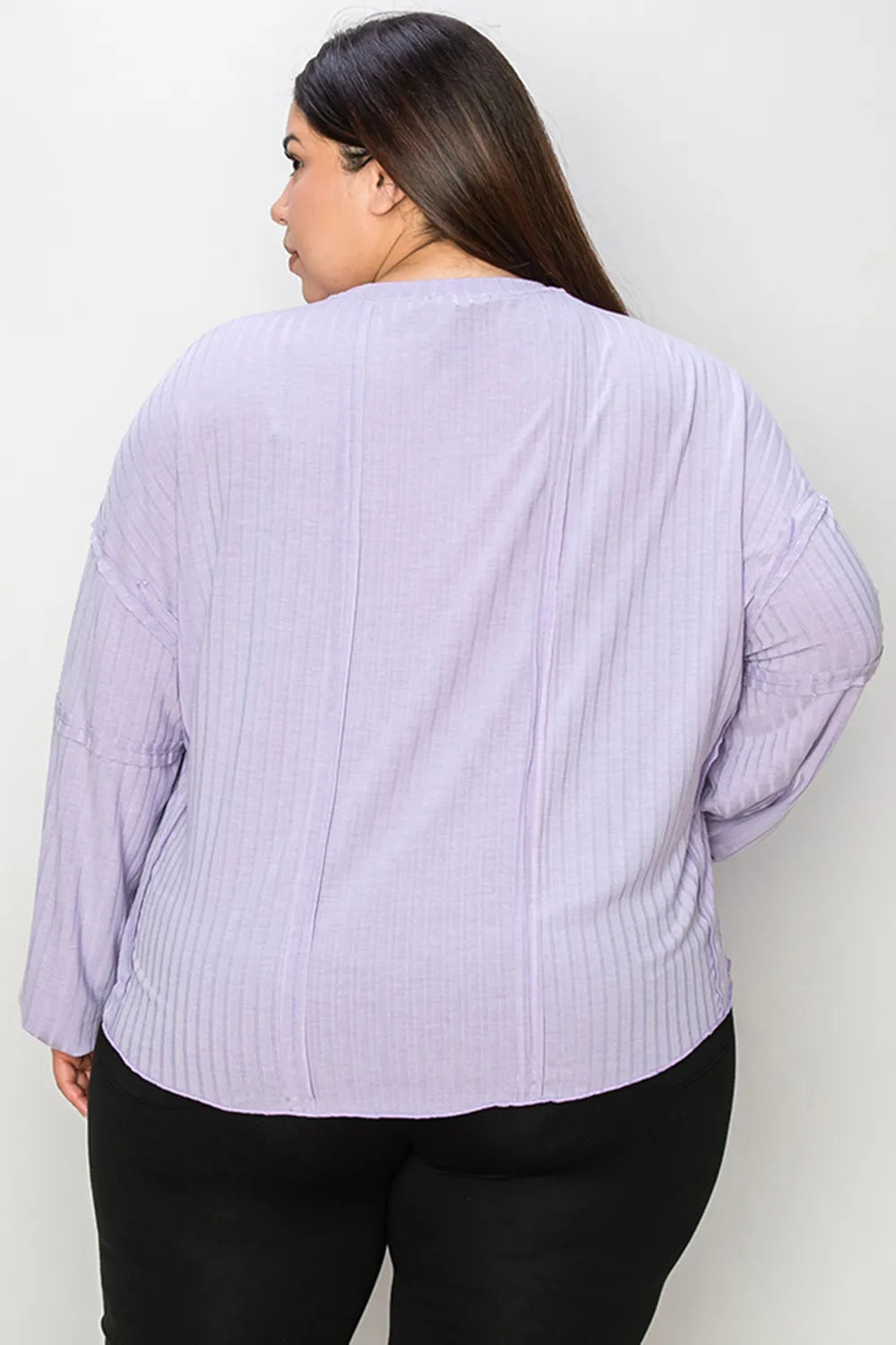 Plus Size Ribbed Round Neck Long Sleeve T-Shirt in Lavender for Women