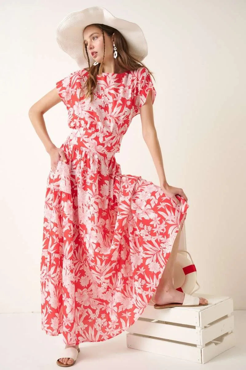 Tropical Print Top and Skirt Set in Coral for Women