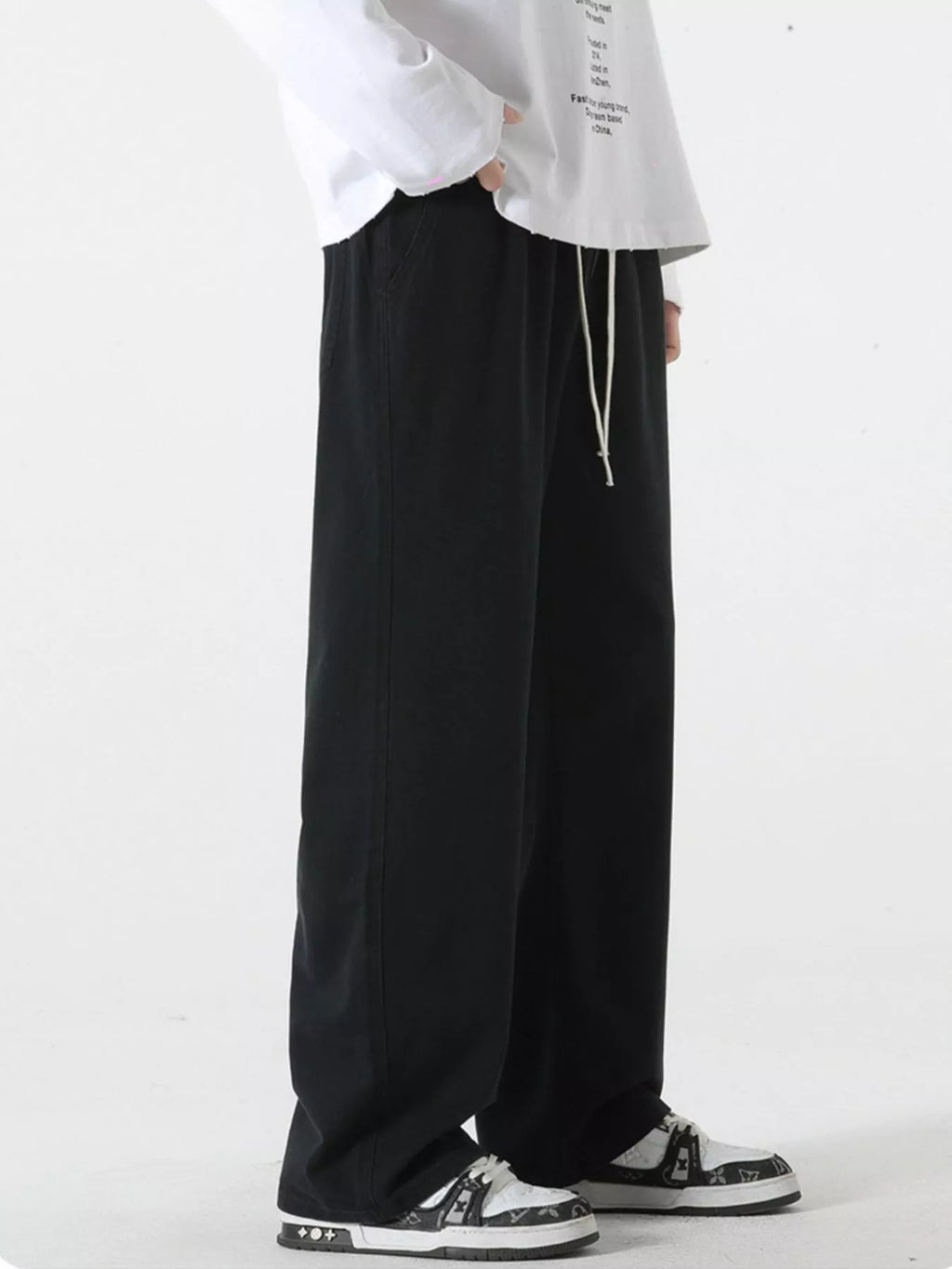 Relaxed Fit Drawstring Pants Plus Size in Black for Men