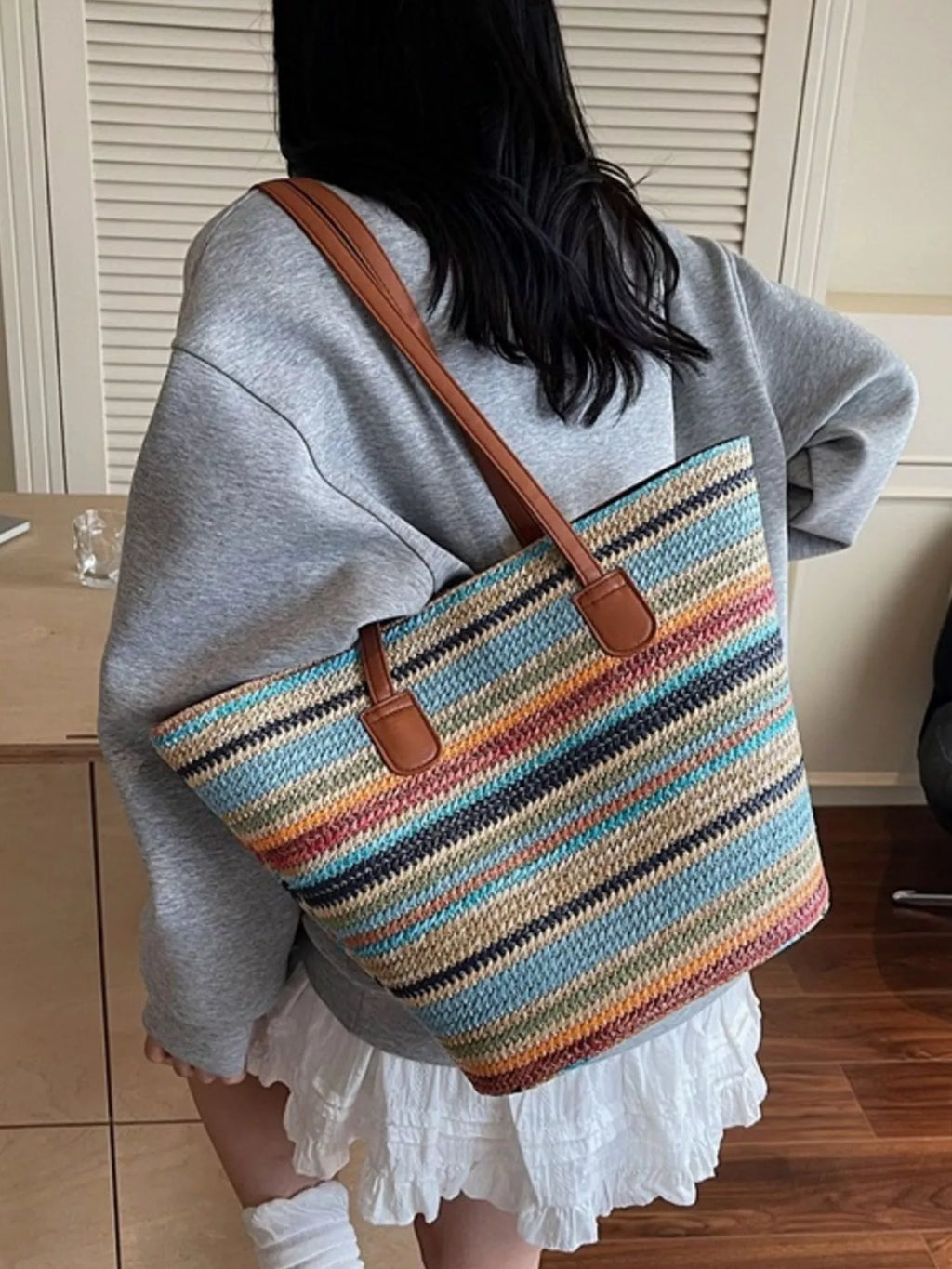 Striped Woven Shoulder Bag for Women