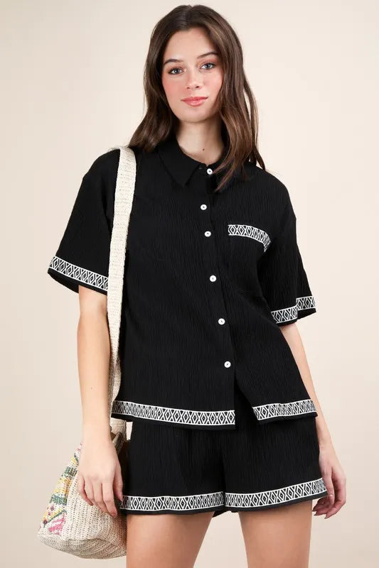 Crinkled Woven Shirt Top & Shorts Set in Black for Women