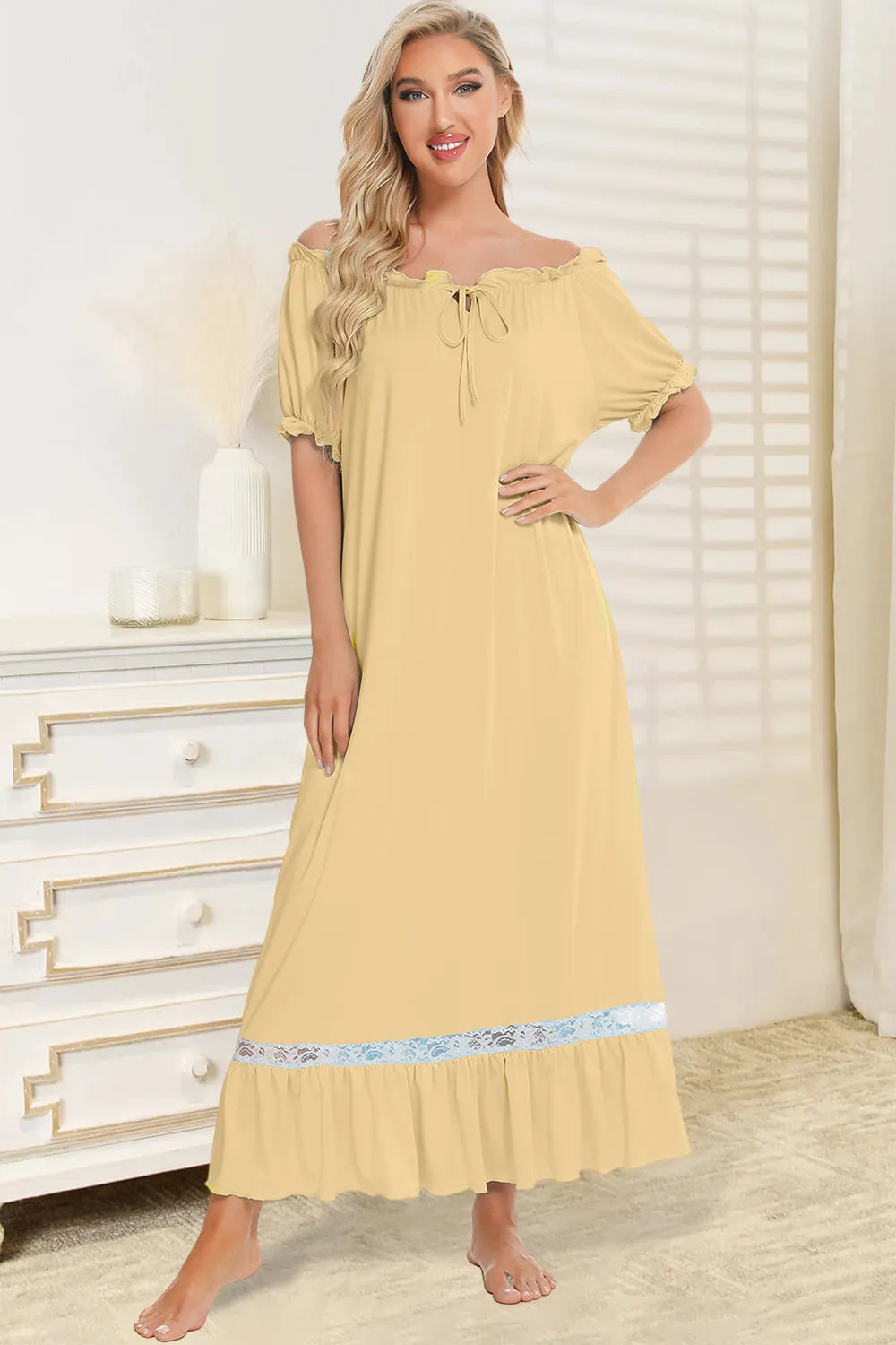 Lace Detail Short Sleeve Lounge Dress in Light Yellow for Women
