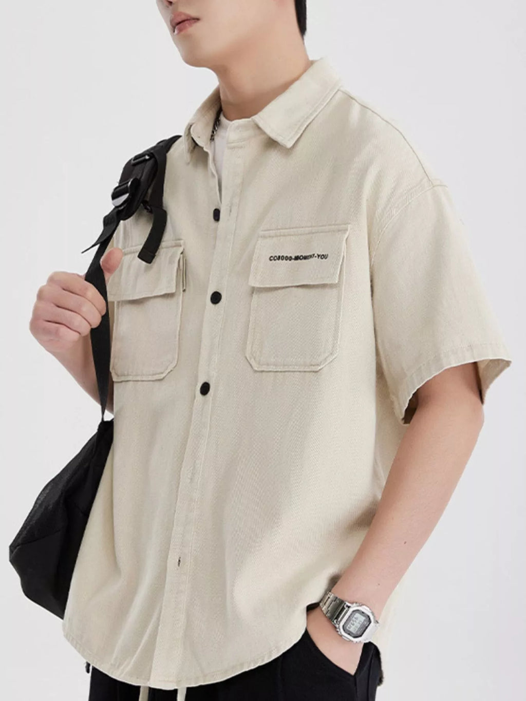 Button Down Oversized Short Sleeve Shirt Plus Size in Light Apricot for Men