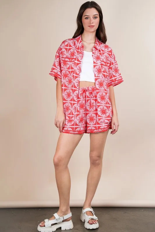 Tropical Printed Shirt Top and Shorts Set Plus Size in Tomato for Women