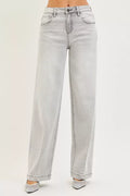 Slouchy Baggy Jeans with Contrast Stitching in Light Grey for Women