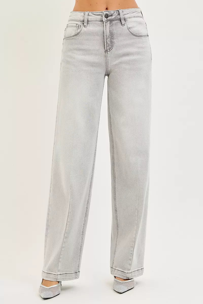 Slouchy Baggy Jeans with Contrast Stitching in Light Grey for Women