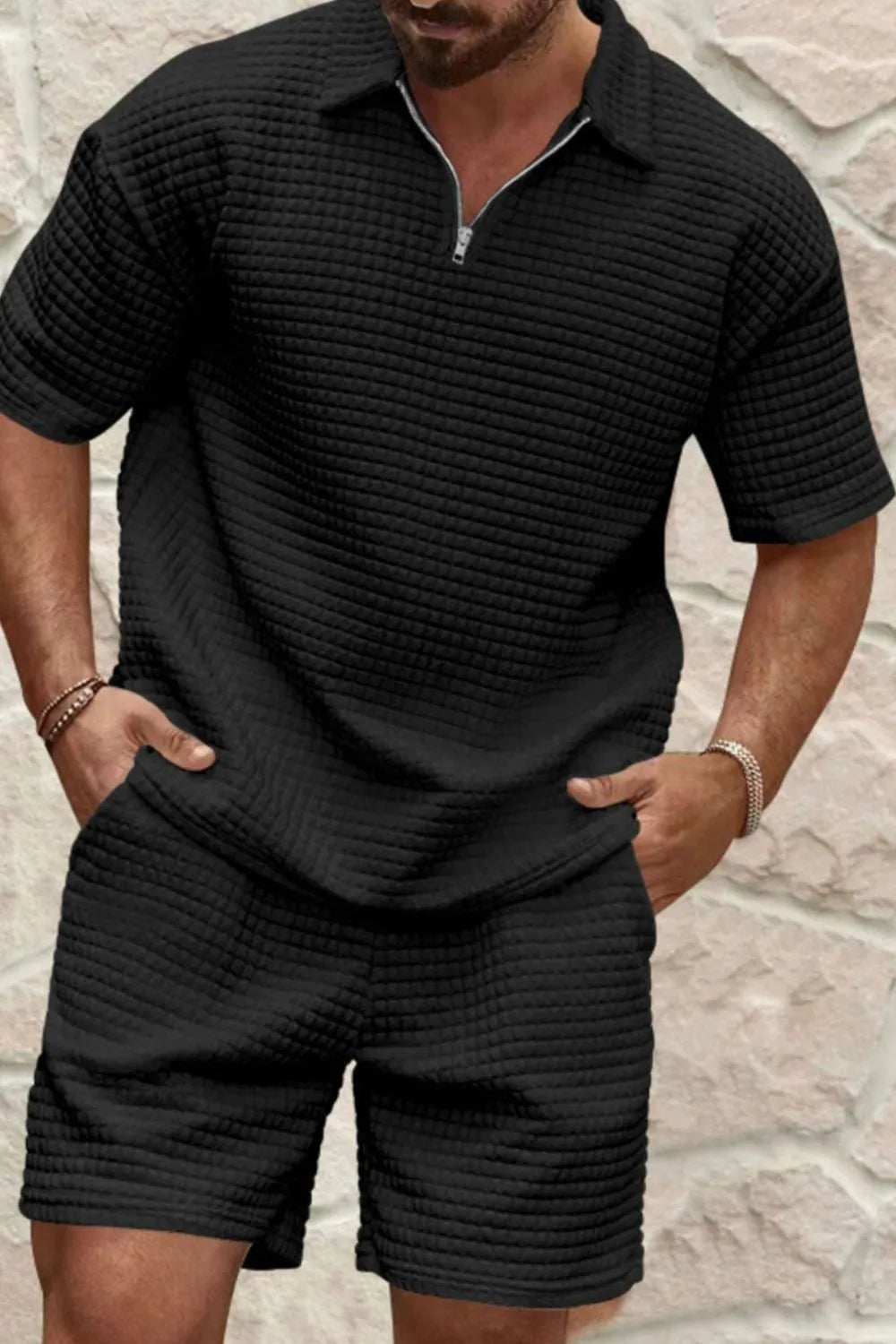 Zip Collar Short Sleeve Top and Shorts Set Plus Size in Khaki for Men