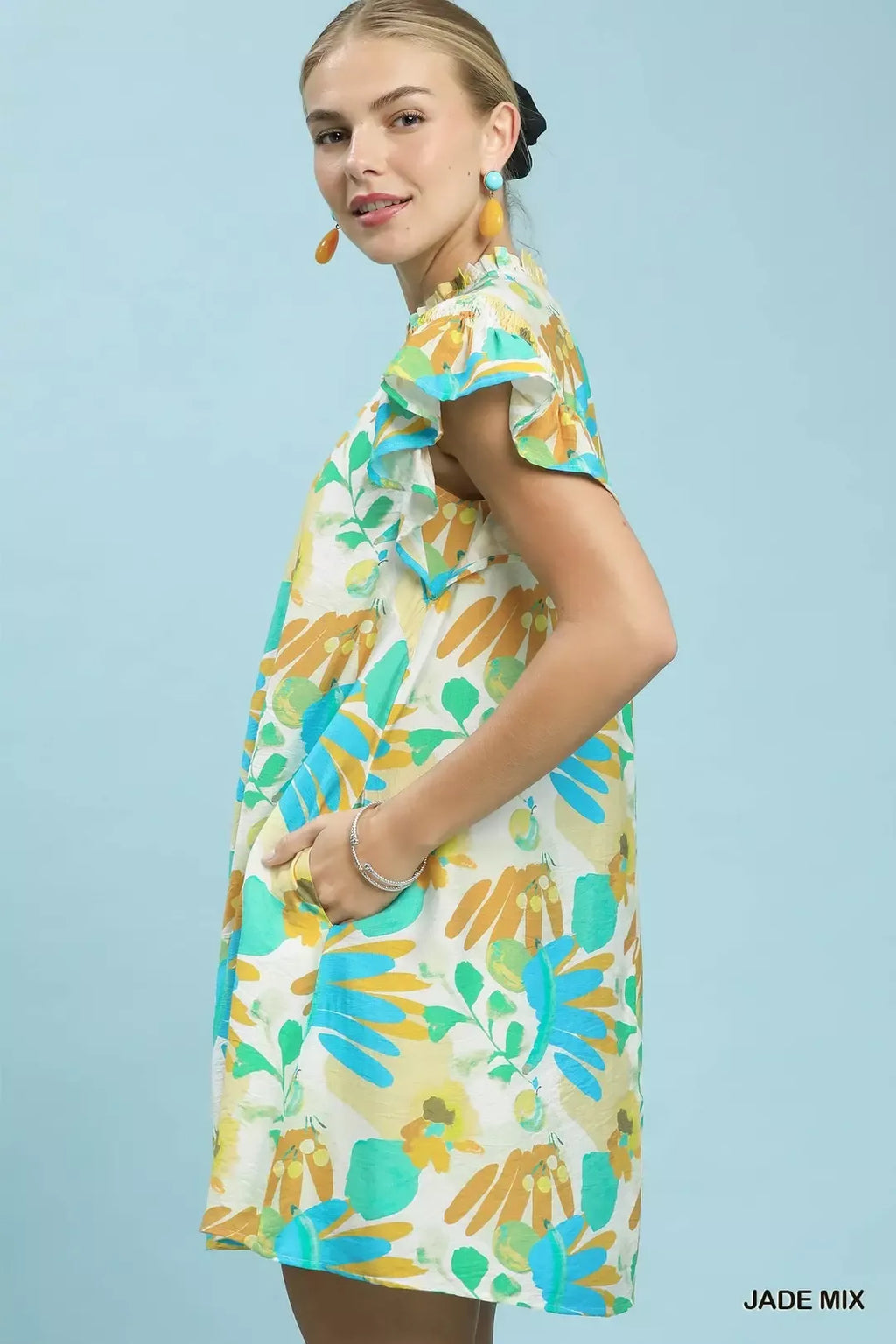 Ruffled Botanical Print Mini Dress in Jade Mix for Women