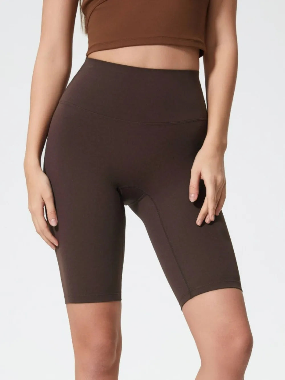 High Rise Wide Waistband Active Shorts in Dark Brown for Women