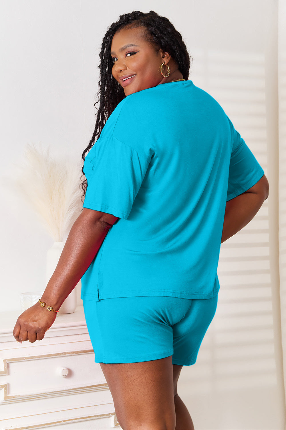 Plus Size Soft Rayon Half Sleeve Top and Shorts Set in Sky Blue for Women