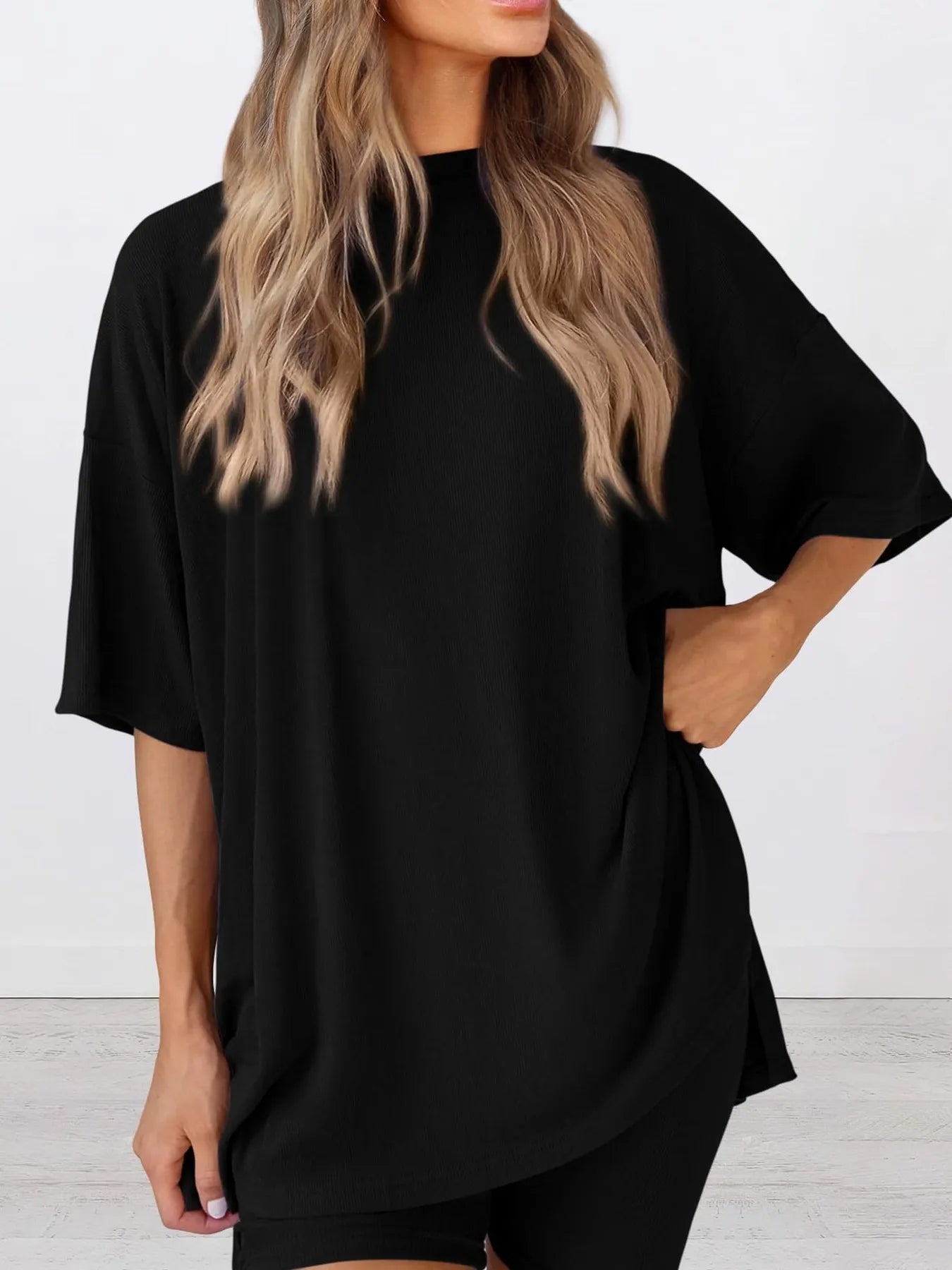 Oversized Slit Round Neck Top and Shorts Lounge Set Plus Size in Burgundy for Women
