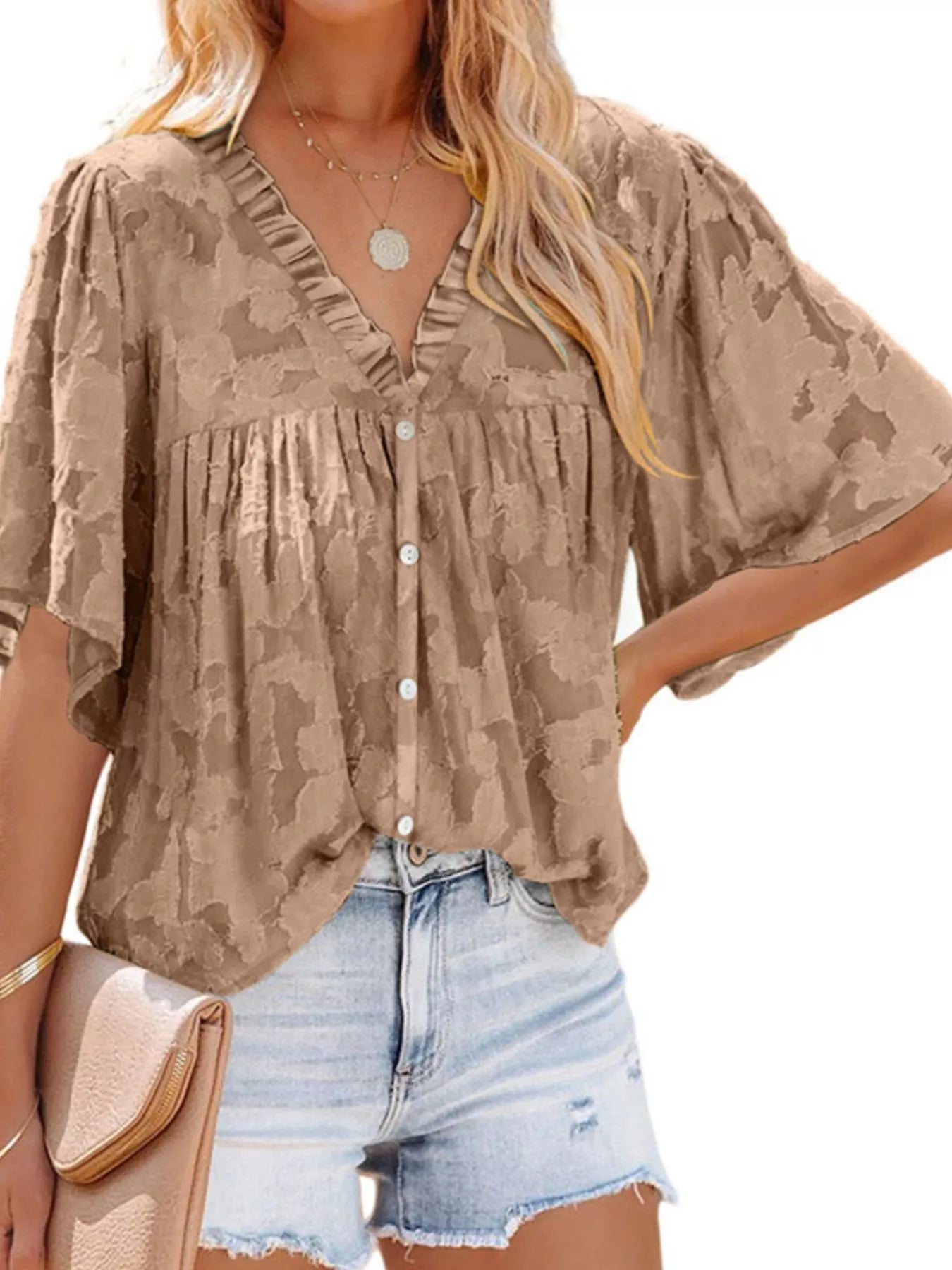 Textured V-Neck Button-Down Shirt Plus Size in Brown for Women