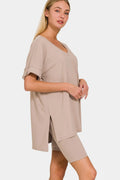 Plus Size V-Neck Short Sleeve Slit T-Shirt and Shorts Set in Mocha for Women