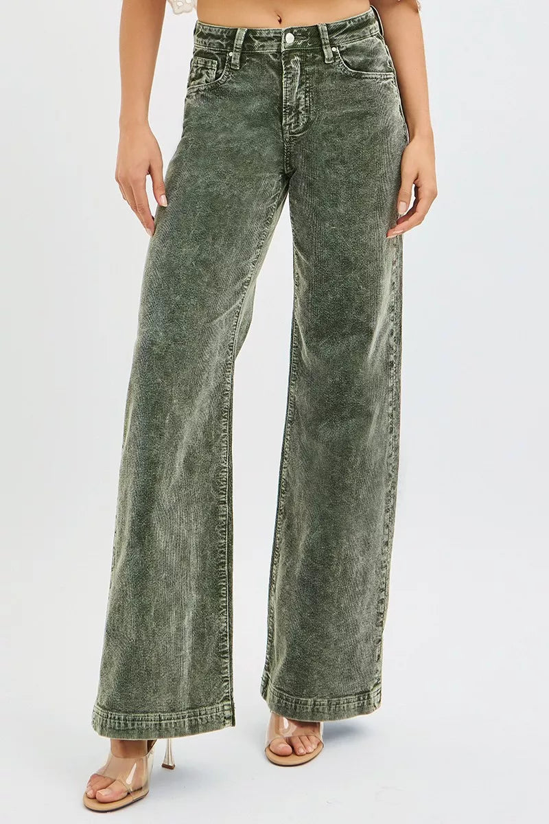 High Rise Wide Leg Corduroy Jeans Plus Size in Forest for Women