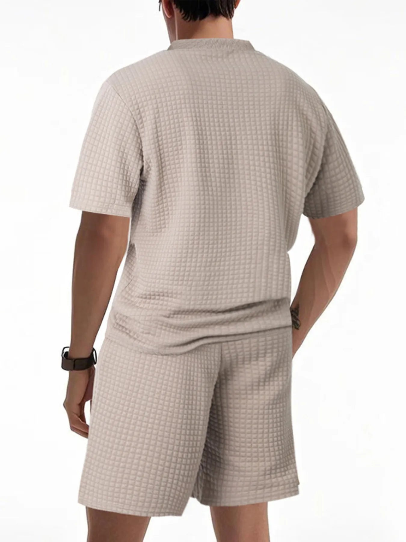 Textured Round Neck Top and Shorts Set Plus Size in Army Green for Men