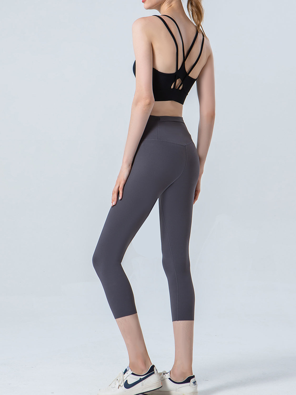 Wide Waistband Cropped Sports Leggings in Beige for Women