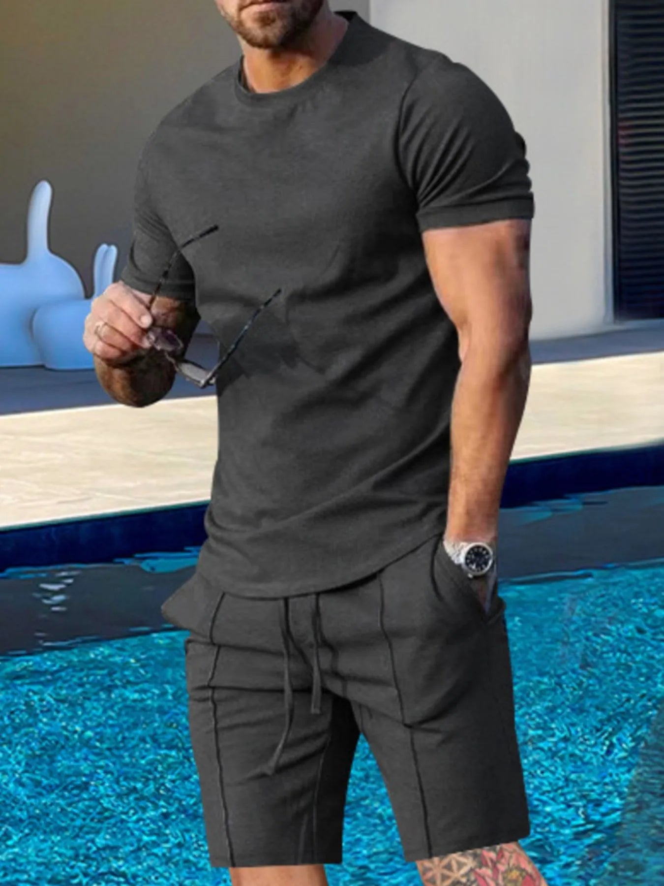 Plus Size Round Neck Short Sleeve Top and Shorts Set in Light Gray for Men