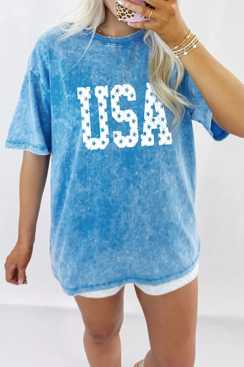 USA Star Print Acid Wash T-Shirt in Pastel Blue for Women