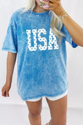 USA Star Print Acid Wash T-Shirt in Pastel Blue for Women