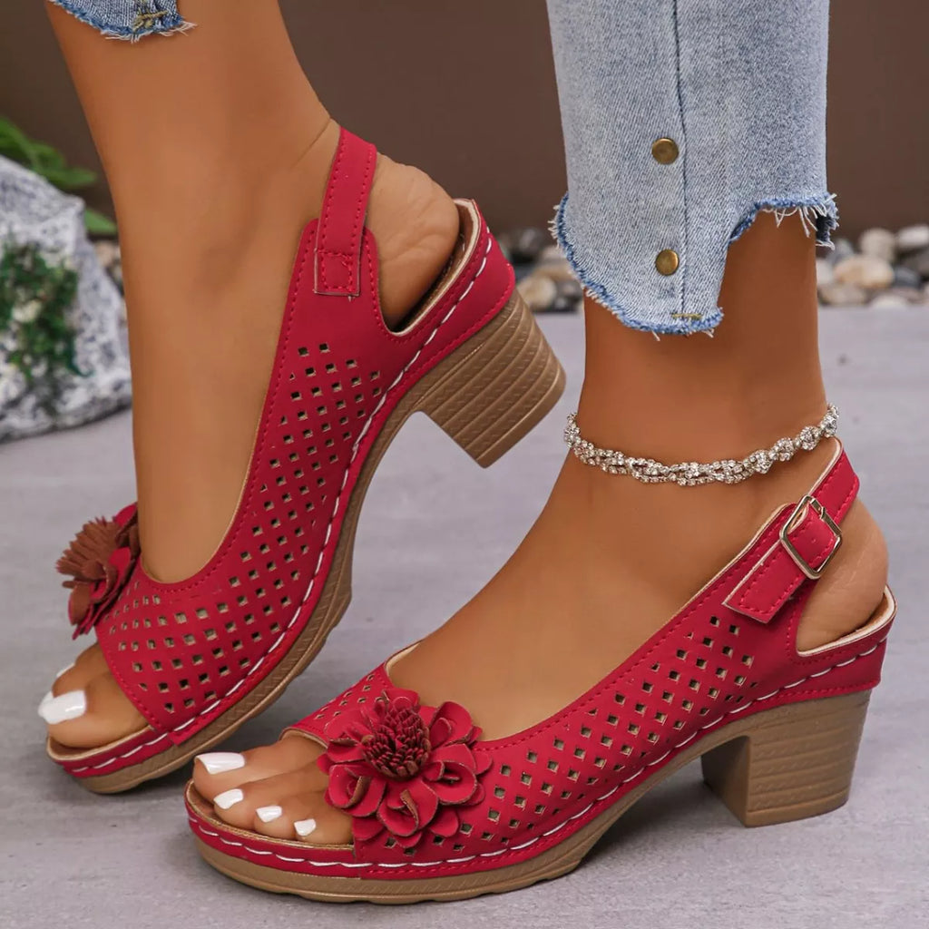 Floral Accent Block Heel Sandals in Red for Women