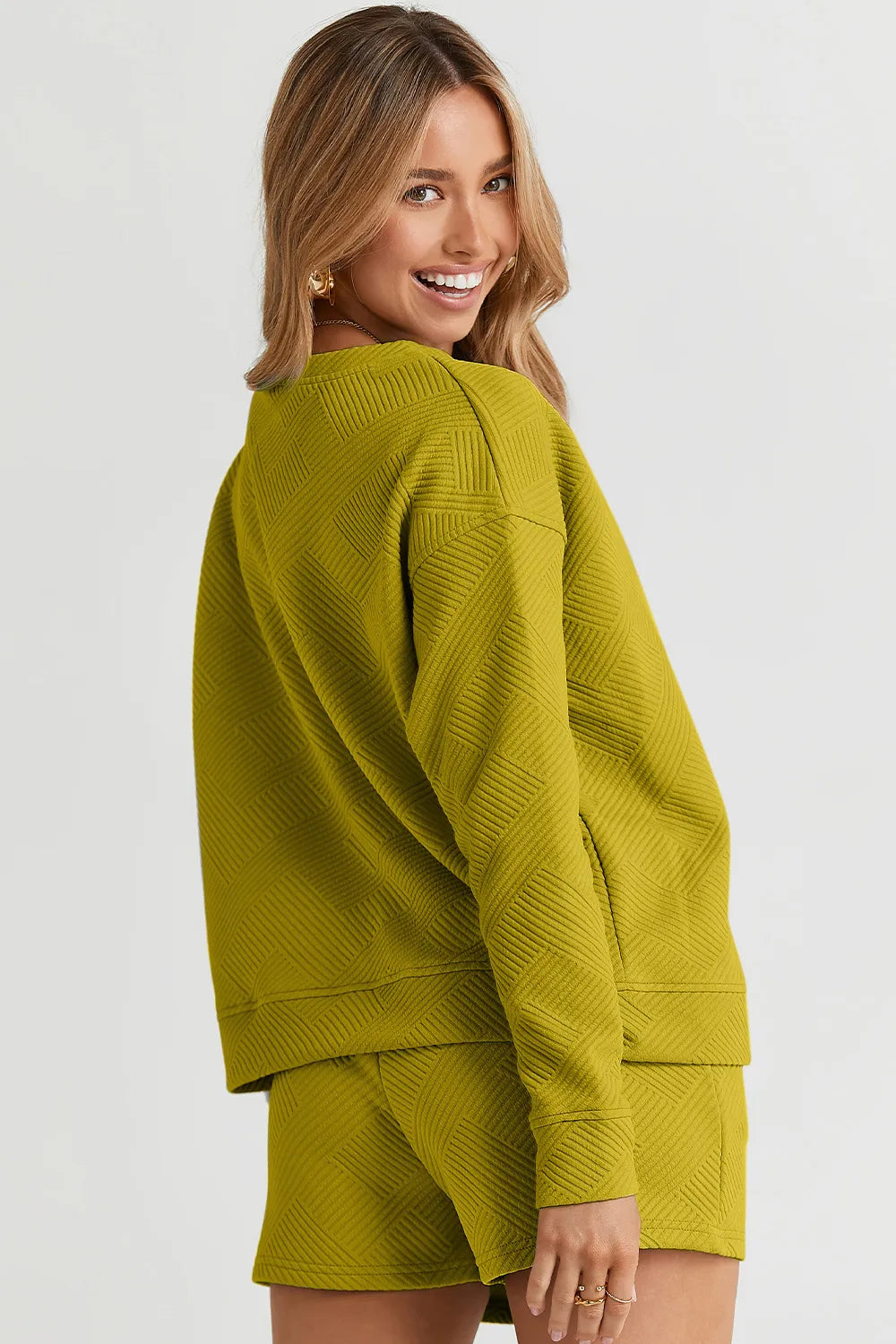 Plus Size Texture Long Sleeve Top and Drawstring Shorts Set in Chartreuse for Women