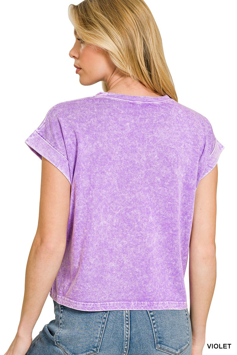 Halo Snow Washed Cotton Cuffed Short Sleeve Top in Violet for Women