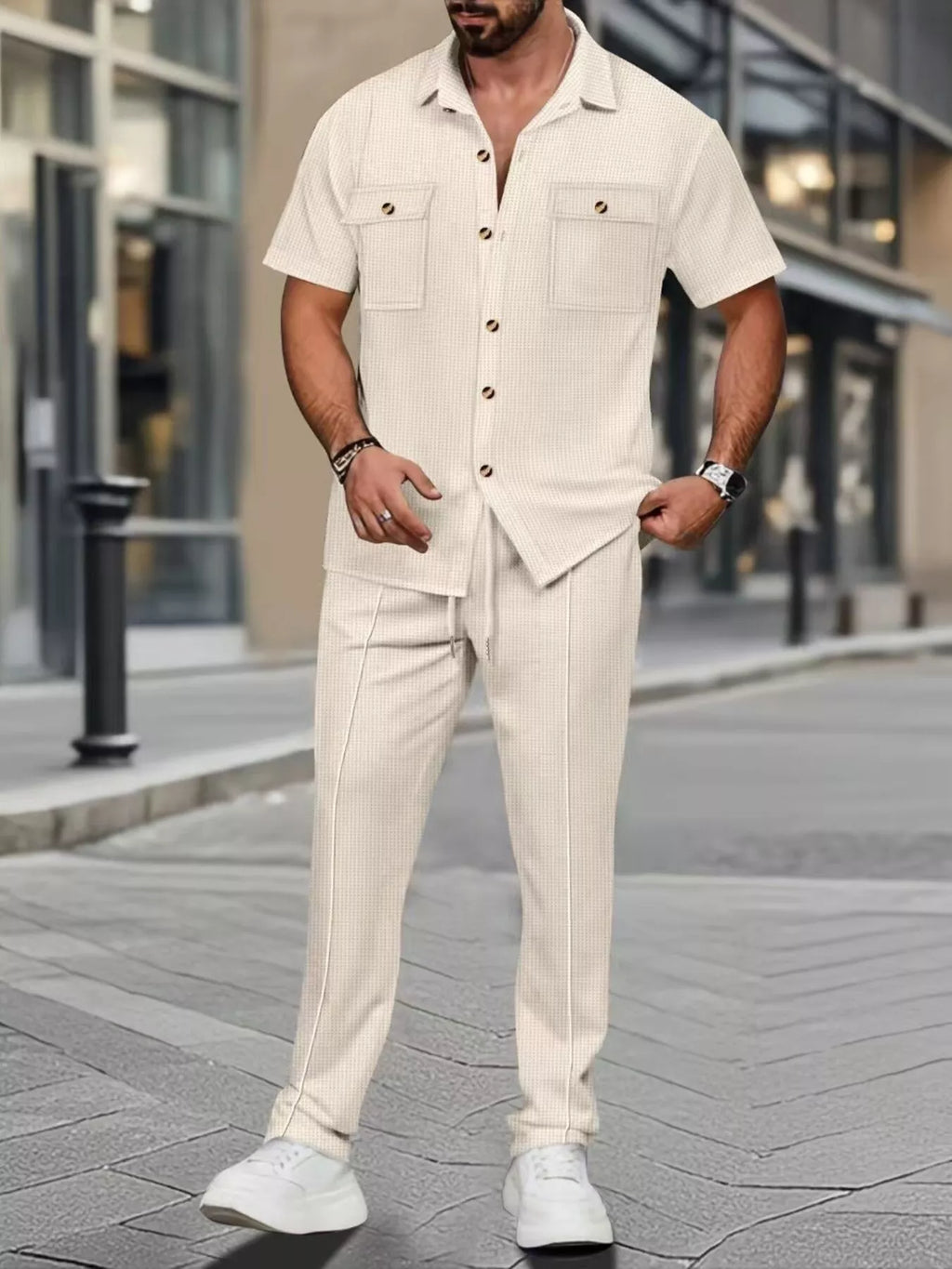 Casual Short Sleeve Shirt and Pants Set Plus Size in White for Men