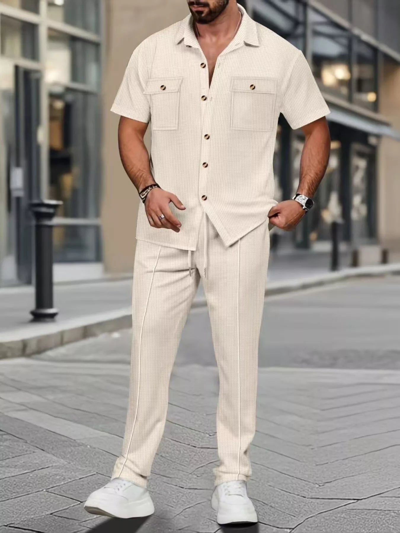 Casual Short Sleeve Shirt and Pants Set Plus Size in White for Men
