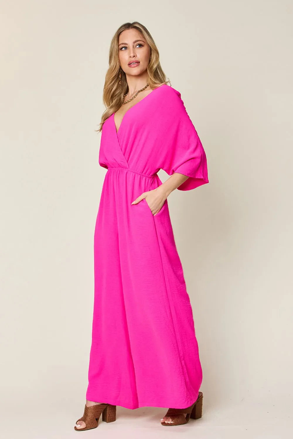 Plus Size Surplice Wide Leg Jumpsuit with Pockets in Hot Pink for Women