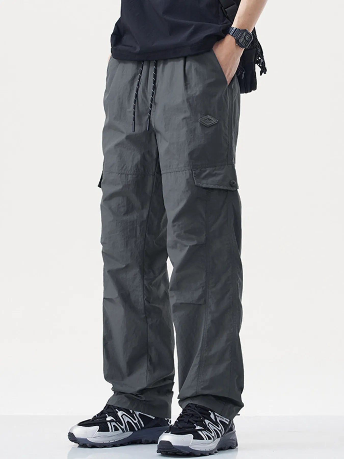 Plus Size Relaxed Fit Cargo Pants with Drawstring in Navy Blue for Men