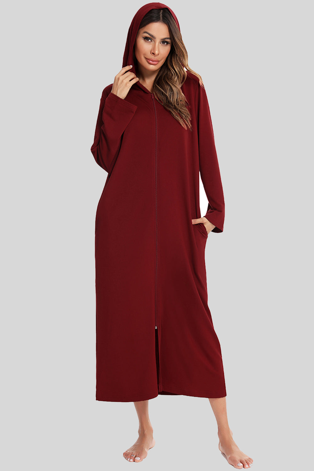 Zip Front Hooded Night Dress with Pockets in Light Gray in Charcoal for Women