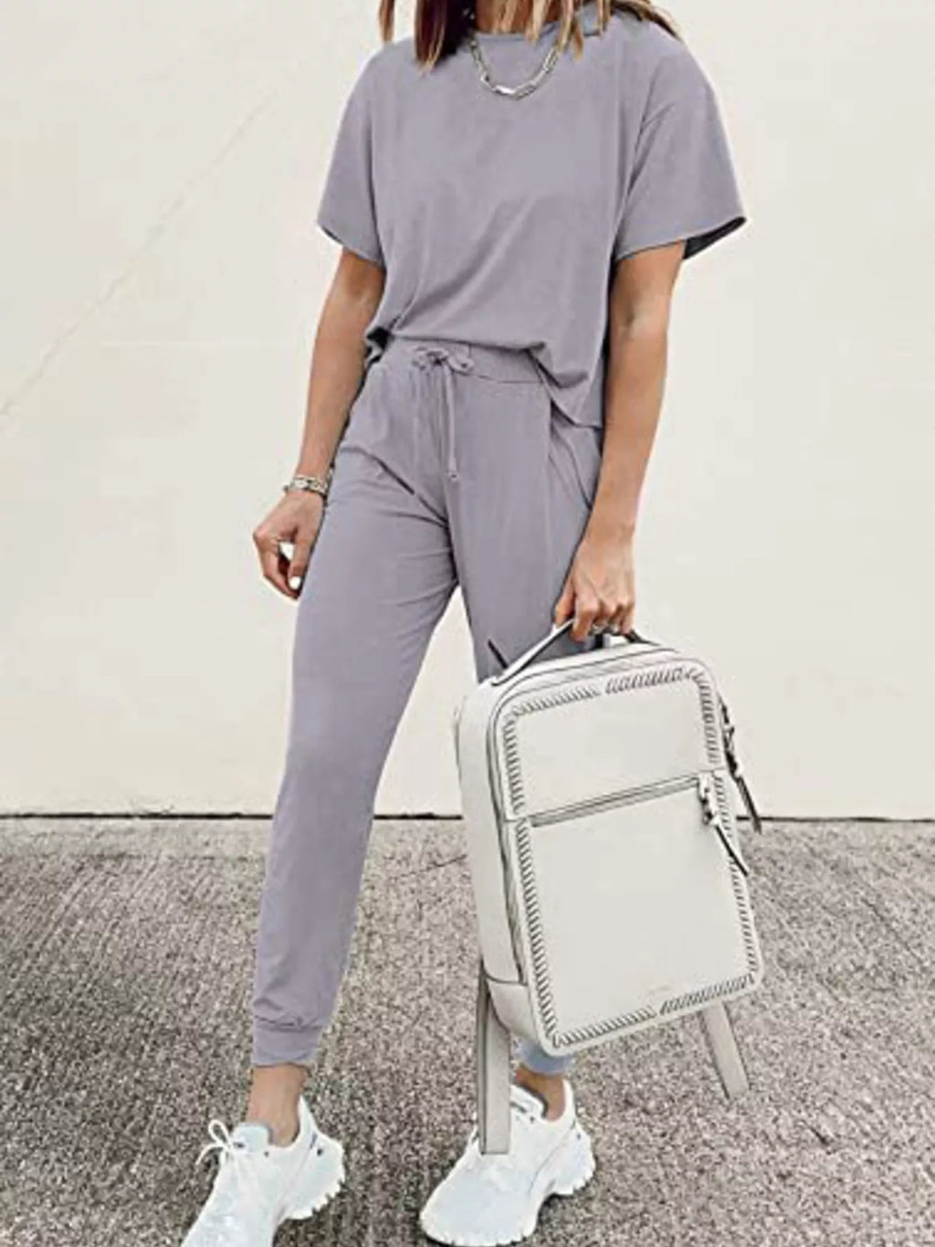 Round Neck Top and Drawstring Pants Set Plus Size in Pink for Women