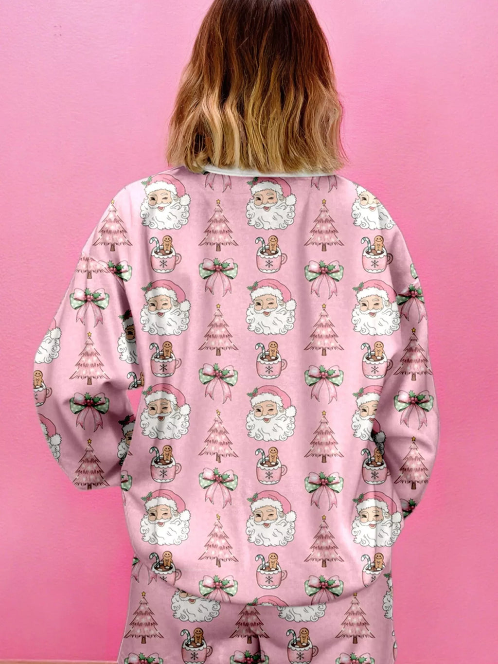 Christmas Santa Print Round Neck Top and Shorts Lounge Set in Dusty Pink for Women