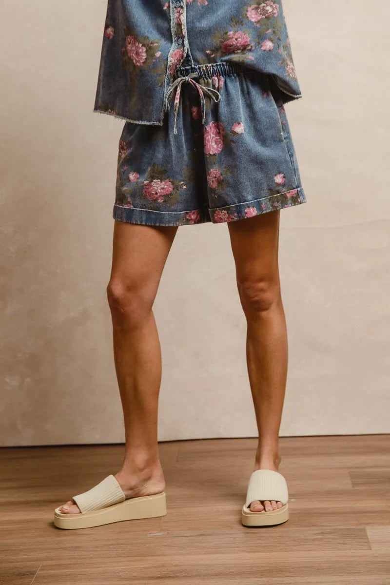 Floral Printed Denim Short Pants with Pocket for Women