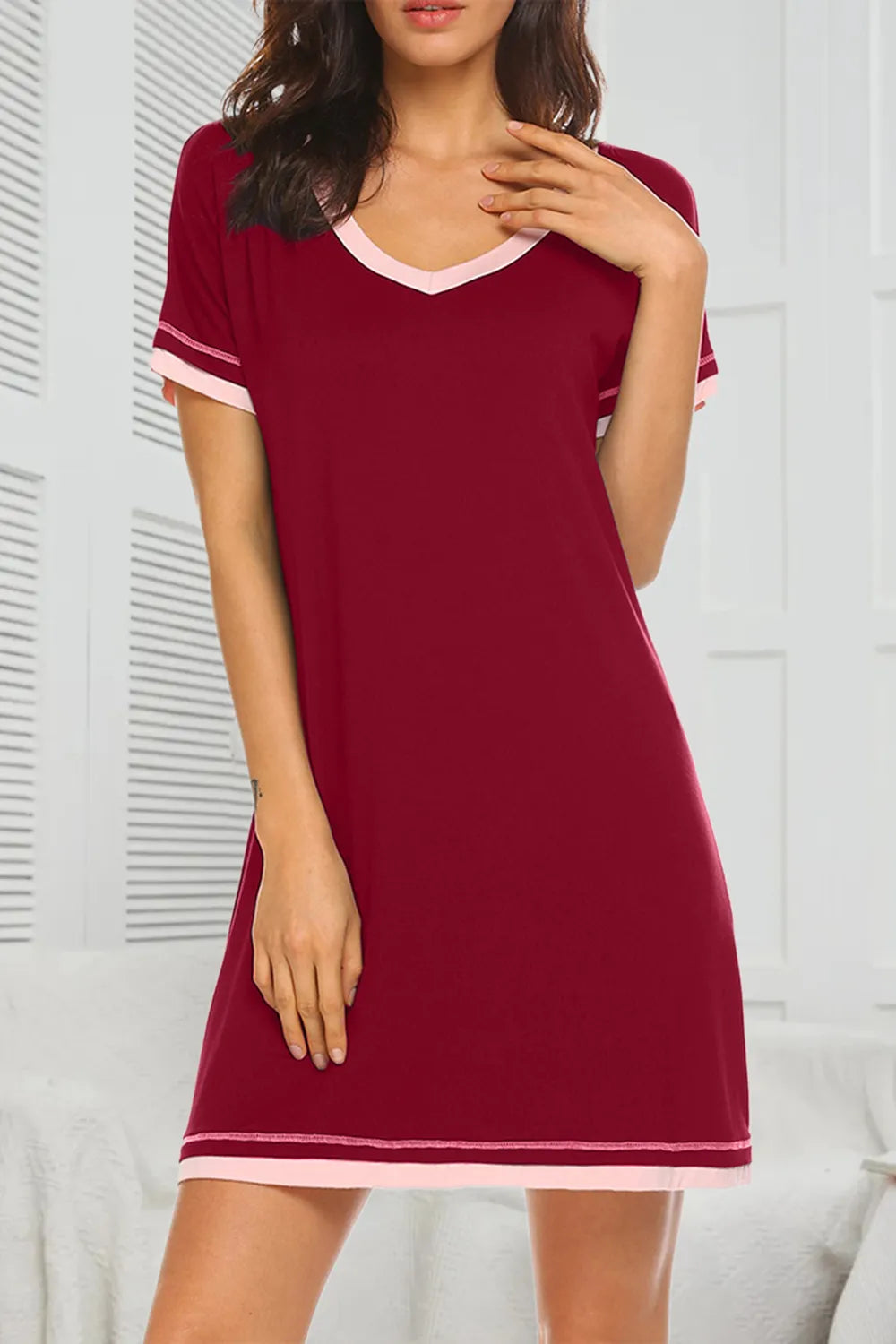 Contrast Trim Short Sleeve Lounge Dress in Dark Gray for Women