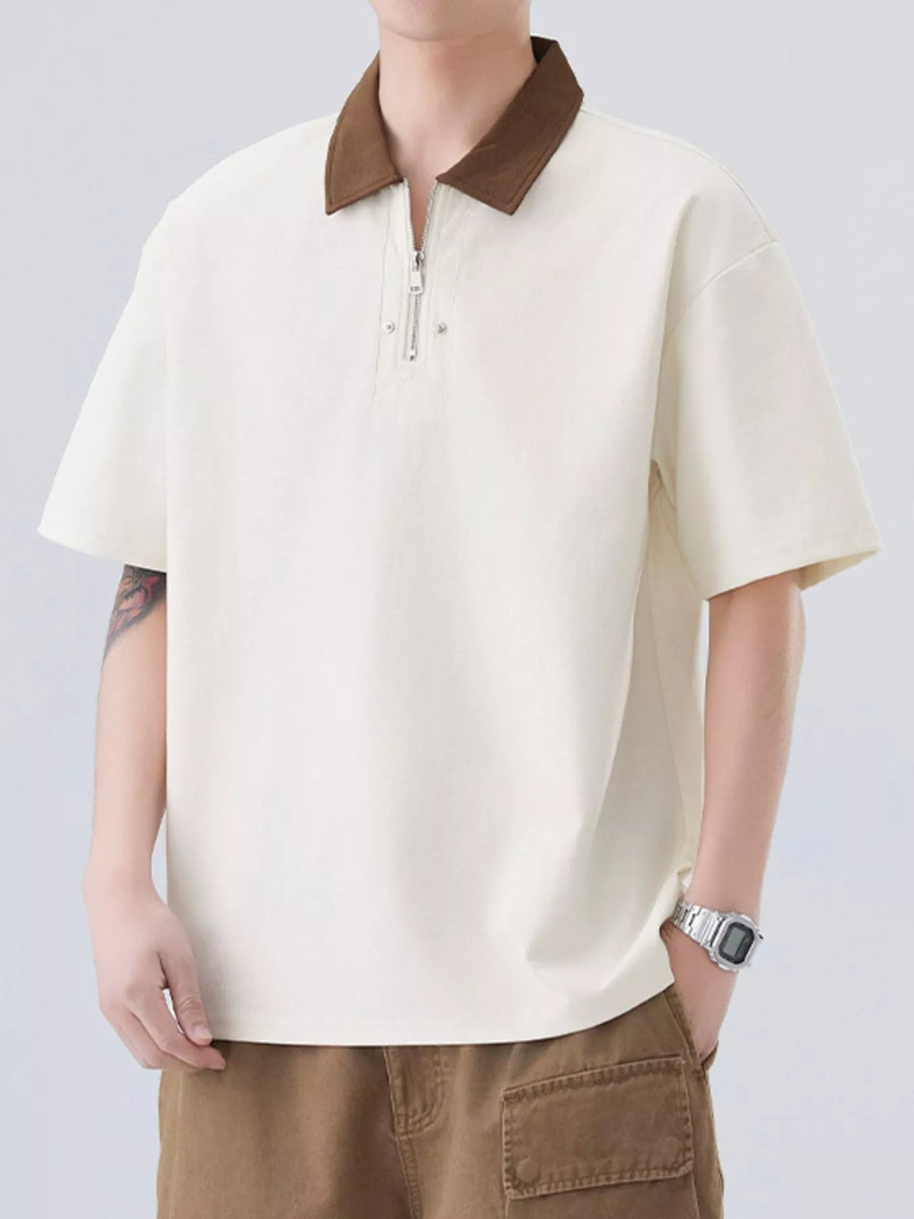 Plus Size Quarter Zip Short Sleeve Polo in Apricot for Men