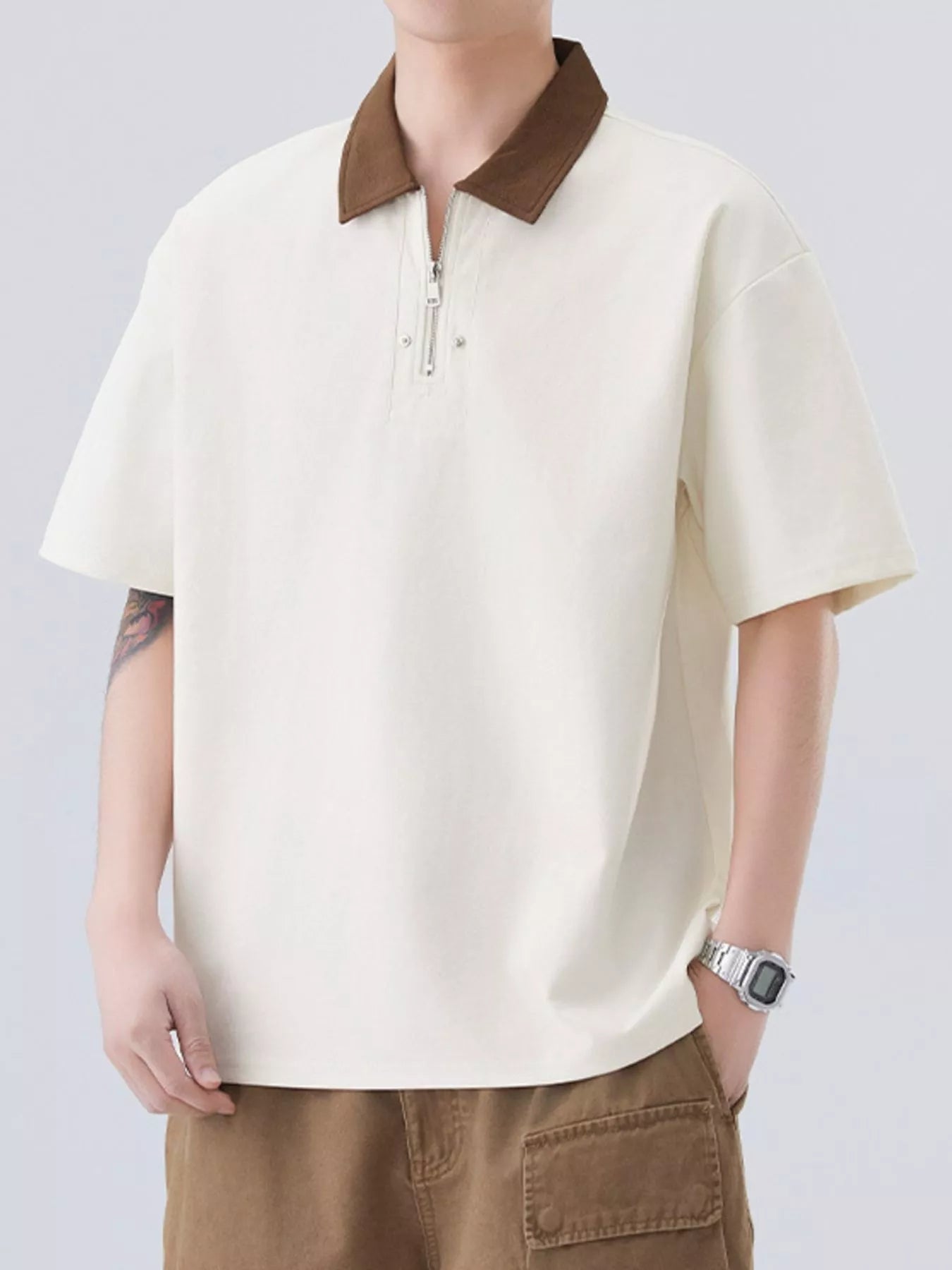 Plus Size Quarter Zip Short Sleeve Polo in Apricot for Men