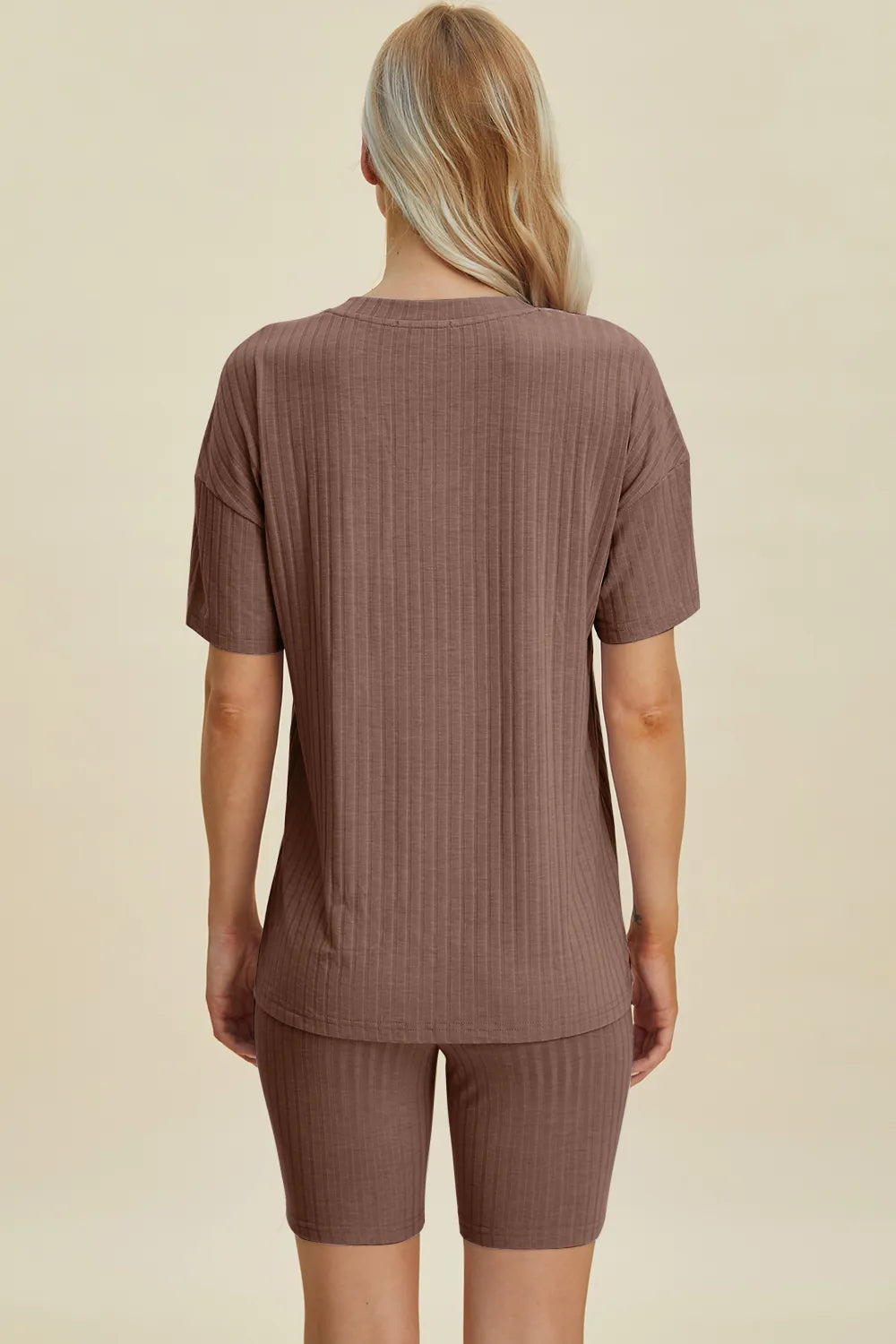 Plus Size Ribbed V-Neck Short Sleeve Top and Shorts Set in Gray for Women