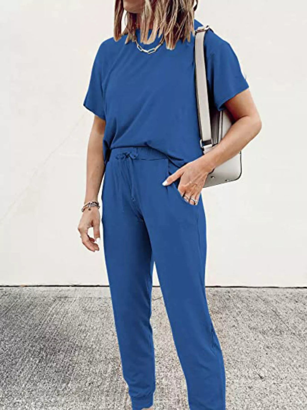 Round Neck Top and Drawstring Pants Set Plus Size in Black for Women