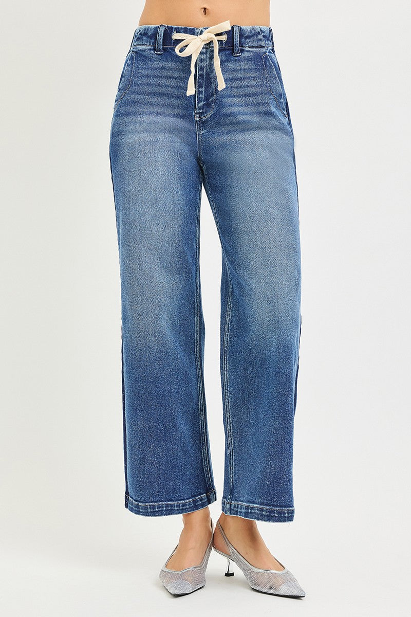 Elastic Band High Rise Cropped Wide Jeans in Medium for Women