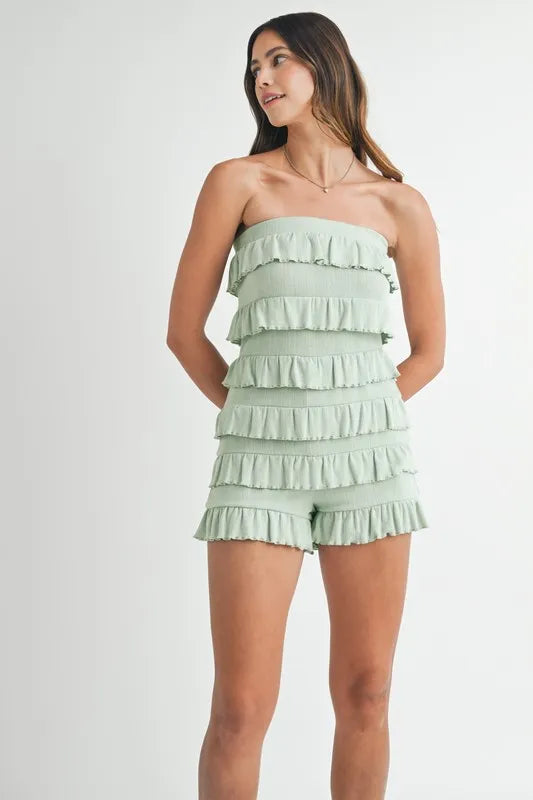 Pointelle Knit Fabric Ruffled Tube Romper in Light Sage for Women