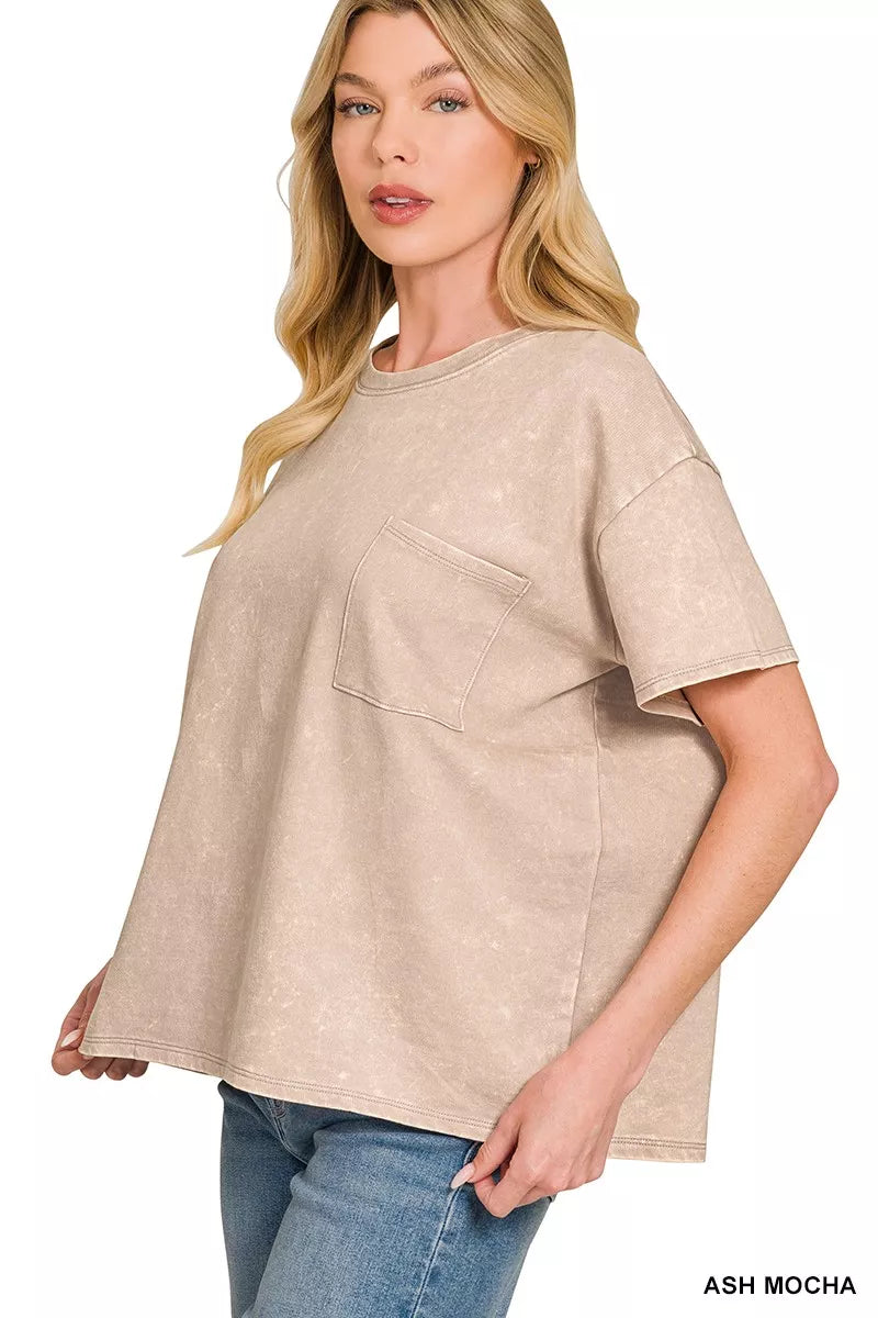 French Terry Acid Washed Relaxed Top & Short Set in Mocha for Women