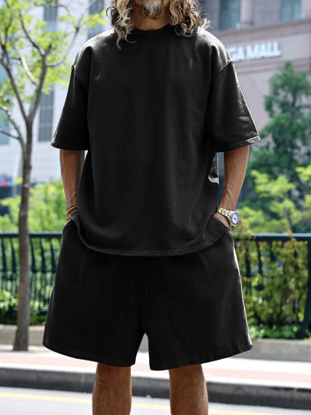 Round Neck Short Sleeve Top and Shorts Set Plus Size in Sky Blue in Black for Men