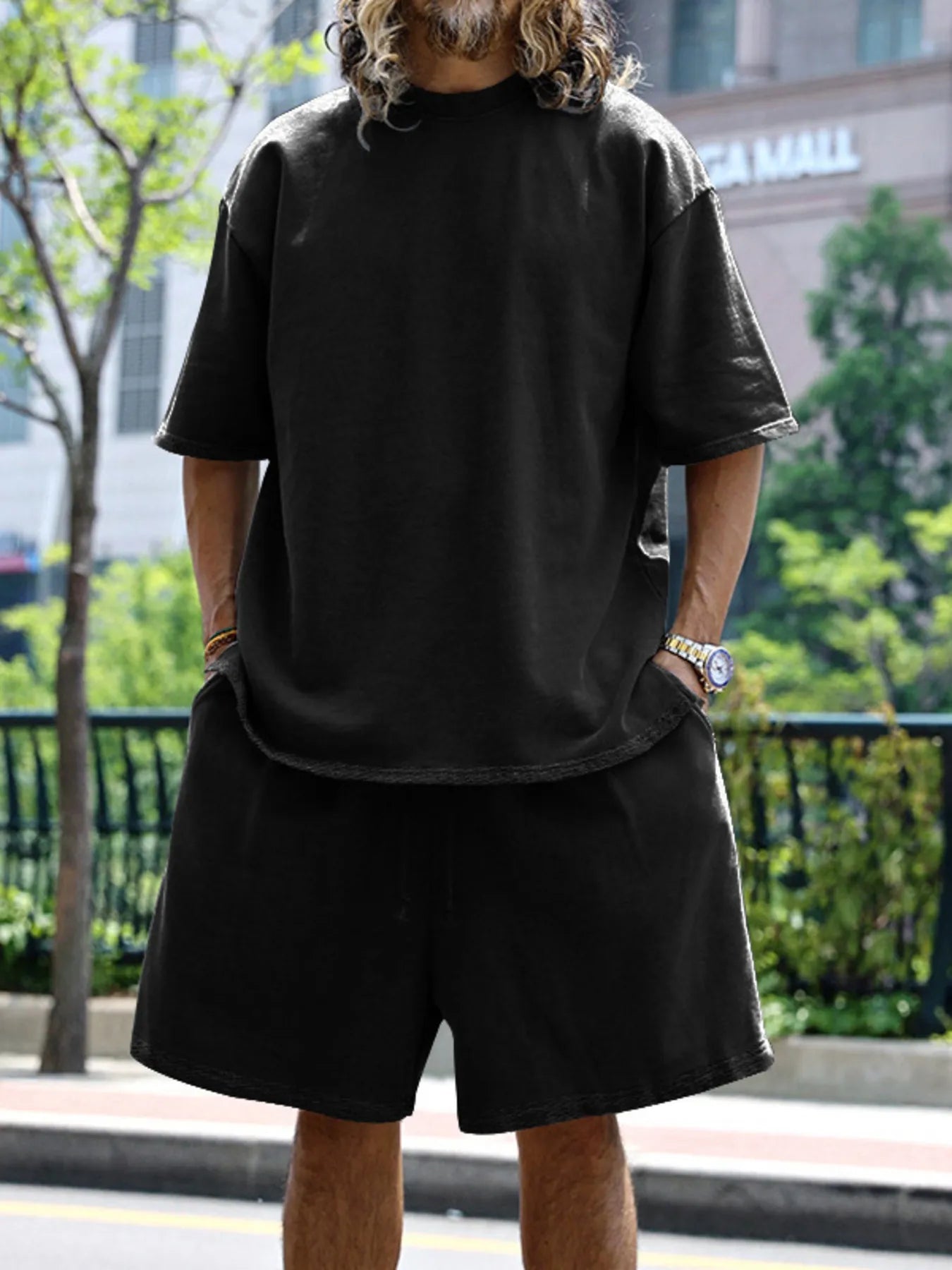 Round Neck Short Sleeve Top and Shorts Set Plus Size in Sky Blue in Black for Men