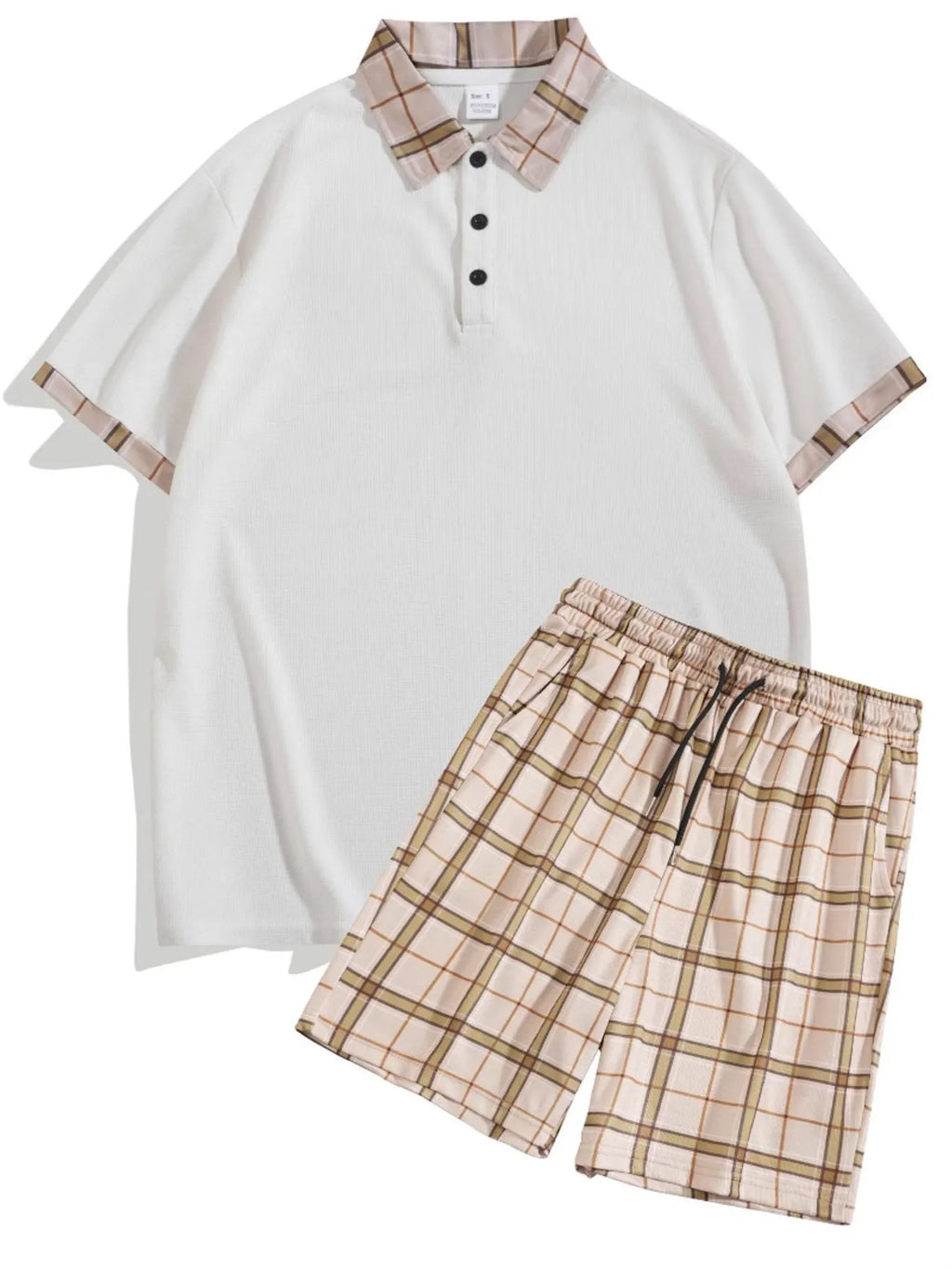 Classic Plaid Collar Polo and Shorts Set Plus Size in Khaki for Men