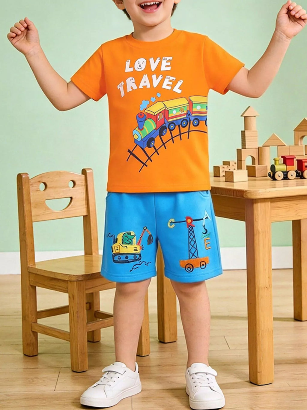 Love Travel Train Print Casual Set in Orange for Boys