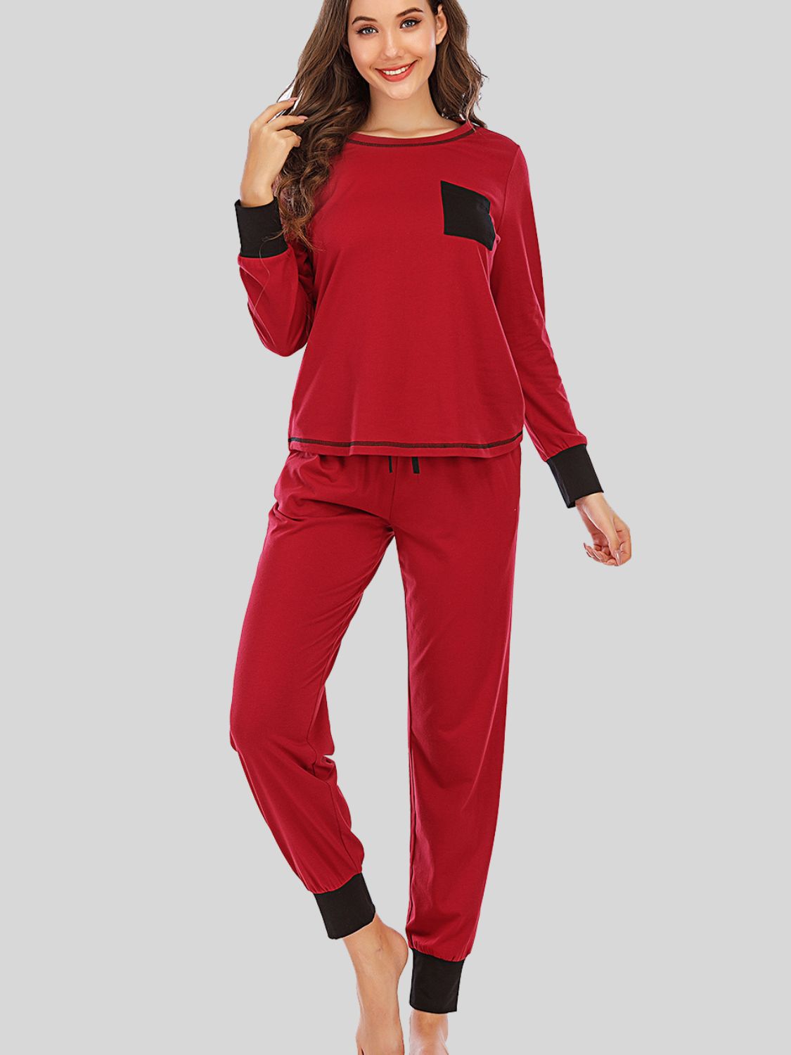 Round Neck Top and Pants Lounge Set in Dark Navy for Women