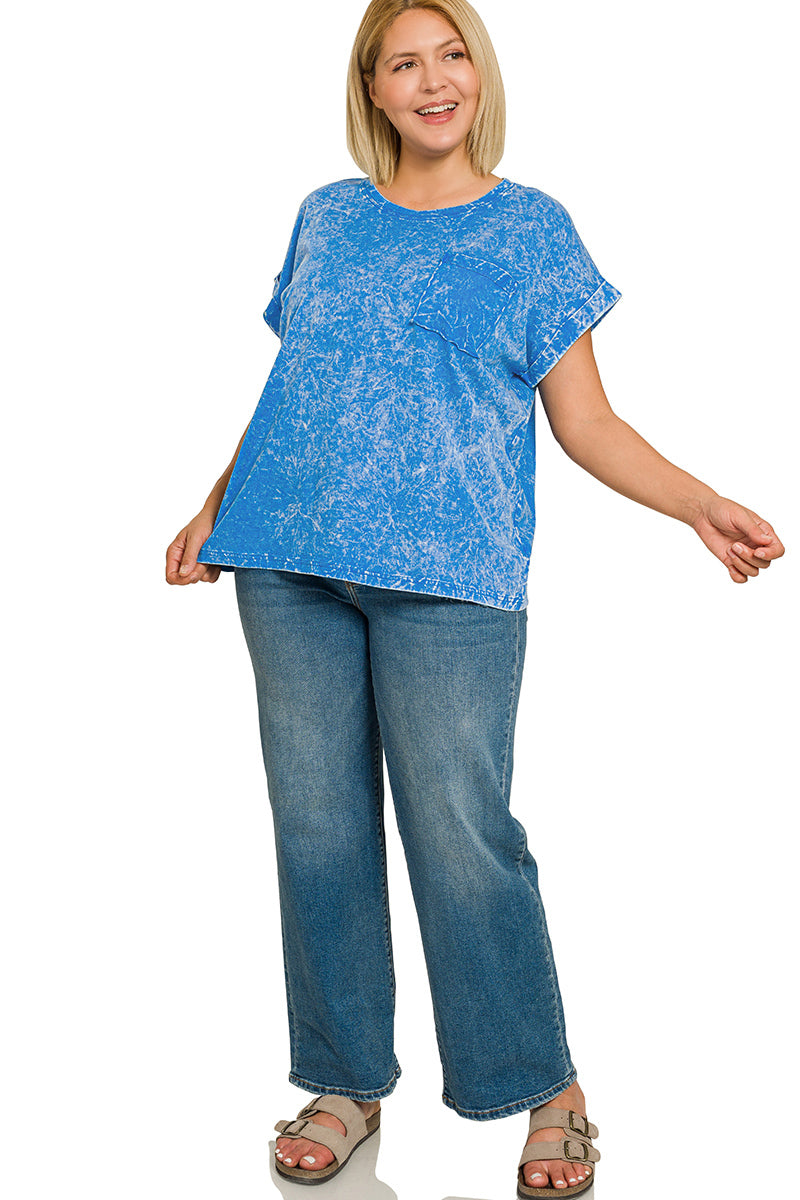 Crinkle Washed Round Neck Folded Short Sleeve Tee Plus Size in Ocean Blue for Women