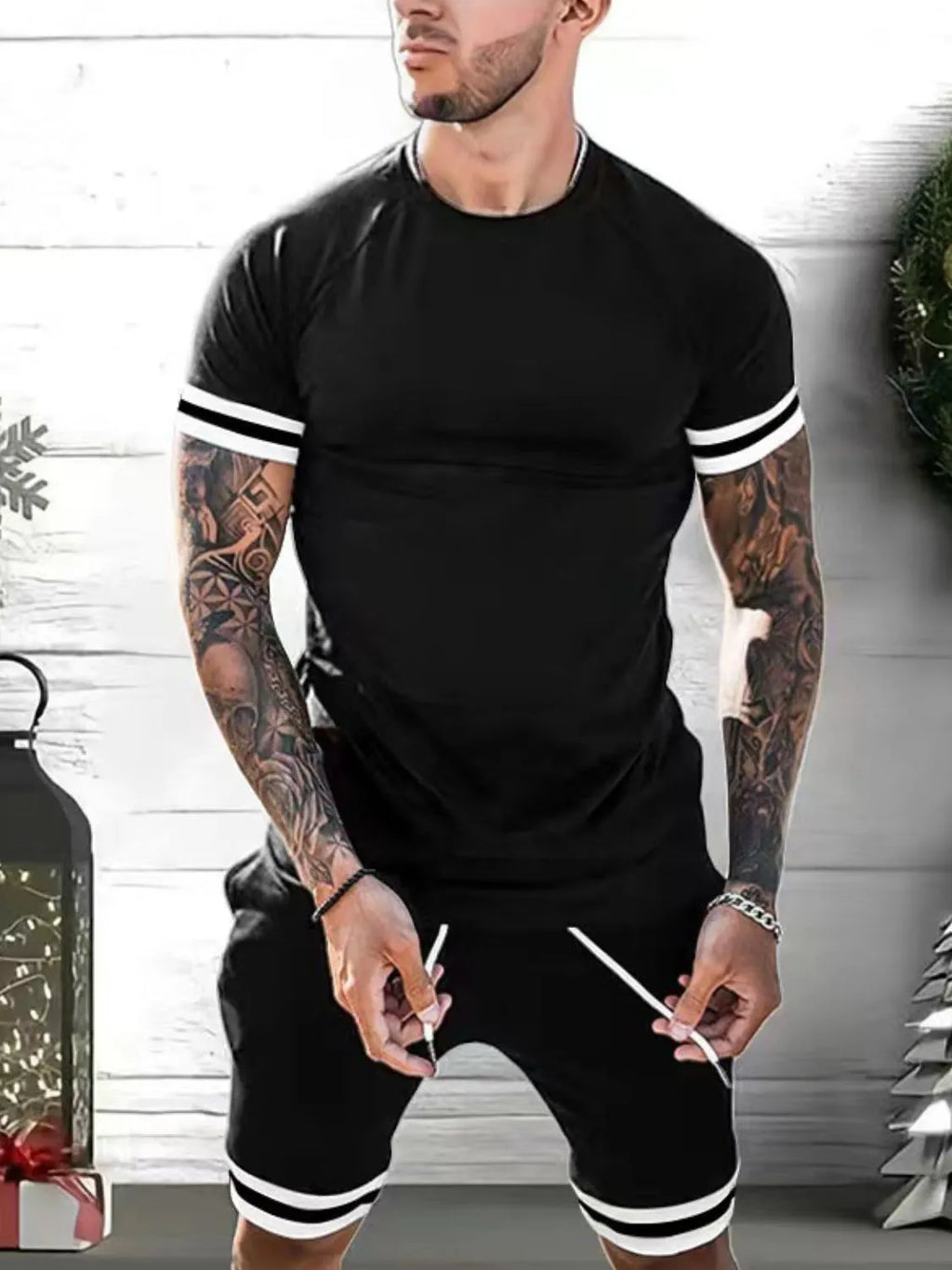 Plus Size Round Neck Short Sleeve Top and Shorts Set in Classic in White for Men